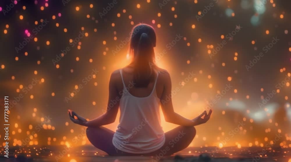 Woman Sitting in Meditation Pose with Floating Lanterns Woman Sitting in Meditation Pose with Floating Lanterns
