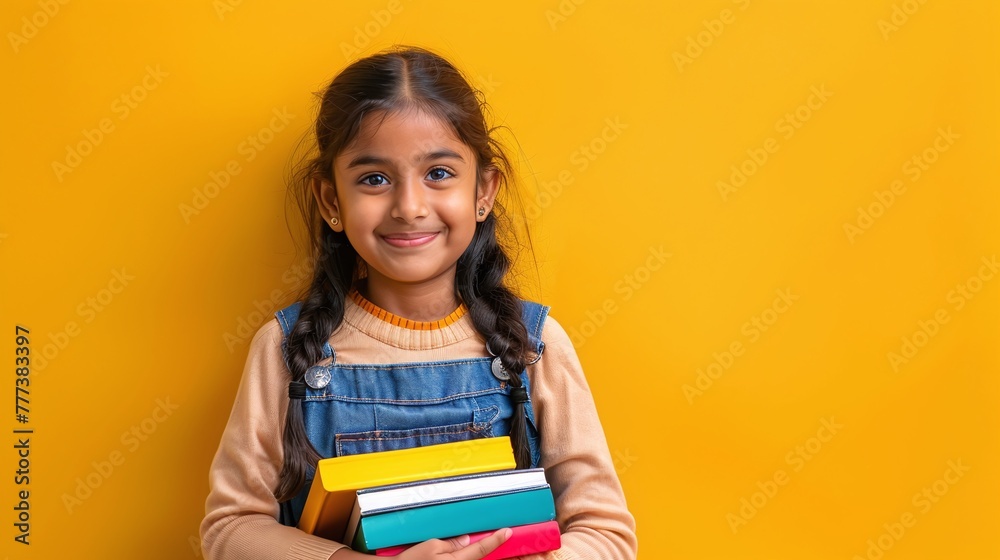 smiling indian child portrait holding books and reading aloud isolated yellow background cheerful and happy school student
smiling indian child portrait holding books and reading aloud isolated yellow background cheerful and happy school student