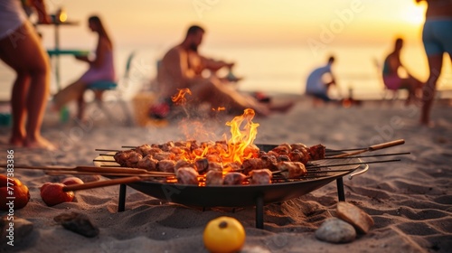 Fototapeta Naklejka Na Ścianę i Meble -  Barbecue party with people in the background, grilled meat beach party