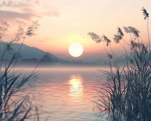 A still lake at dawn  with the gentle breeze as the only movement  symbolizing tranquility and the subtle force of nature  3DCG high resulution clean sharp focus