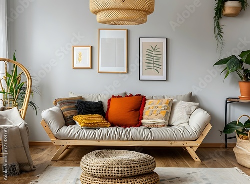 Sofa with colorful pillows and a wicker coffee table near a grey wall in a modern living room interior, with framed pictures on the wall in the style of various artists