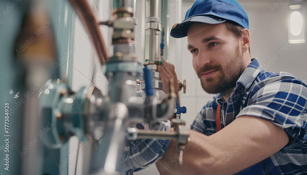 Male plumber adjusting boiler in bathroom