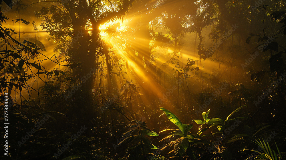 Golden sunlight filtering through the canopy, casting intricate patterns on the forest floor of Virunga National Park.