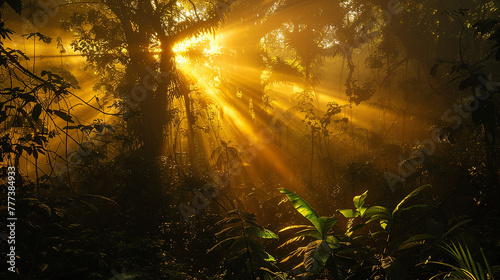 Golden sunlight filtering through the canopy  casting intricate patterns on the forest floor of Virunga National Park.
