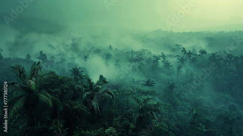 Misty morning over the lush greenery of the Congo Basin, with dense vegetation peeking through the fog.