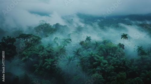 Misty morning over the lush greenery of the Congo Basin, with dense vegetation peeking through the fog. photo