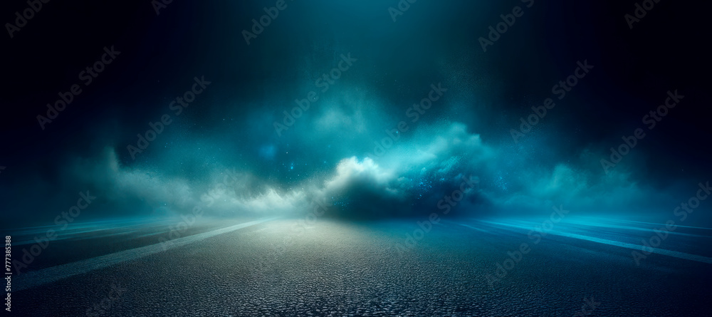 Surreal road enveloped in blue mist and cosmic dust, creating a mysterious pathway. Generative AI