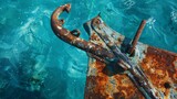 Vintage rusted anchor emerging from clear blue sea, maritime nostalgia