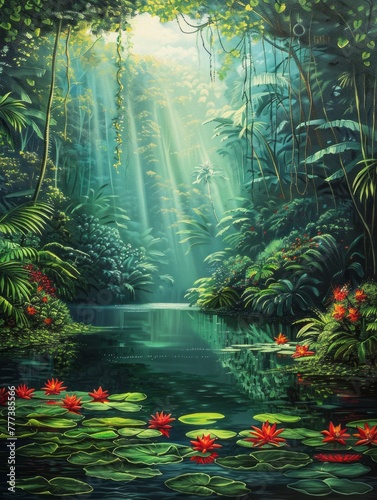 Lush Green Tropical Rainforest with Vibrant Leaves  Red Flowers  Sun Rays  and Serene Lake