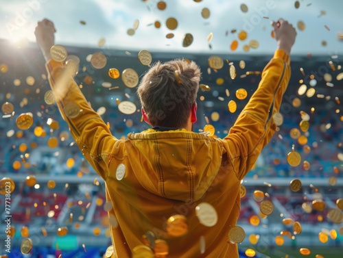 From behind, a man exults with his hands upraised, amidst a golden deluge of coins, signifying an enormous financial achievement or a bountiful reward.
