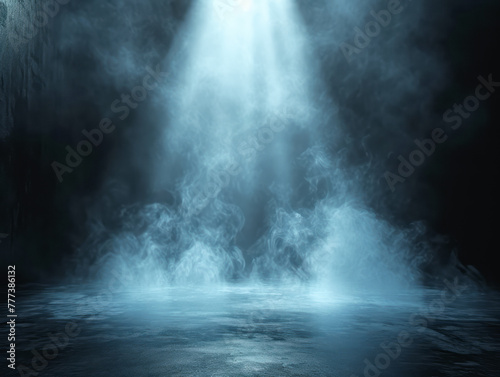 Intense spotlight creating ethereal shapes in the swirling smoke on a dark stage. Generative AI