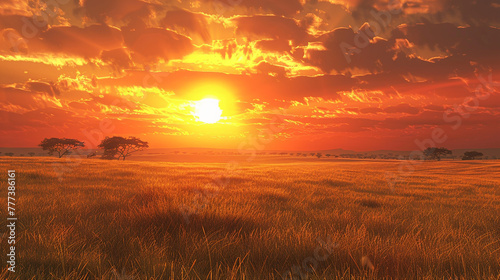 The fiery hues of sunset painting the sky above the expansive plains of the Serengeti, as far as the eye can see.