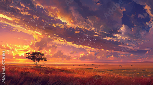 The fiery hues of sunset painting the sky above the expansive plains of the Serengeti, as far as the eye can see. photo