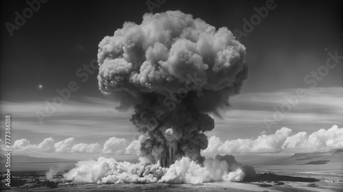 A historical photo capturing the mushroom cloud rising after the detonation of an atomic bomb, depicting the devastating power of nuclear weapons © Katrin_Primak