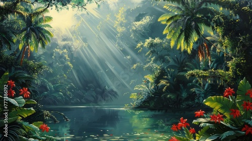 Lush Green Tropical Rainforest with Vibrant Leaves, Red Flowers, Sun Rays, and Serene Lake 