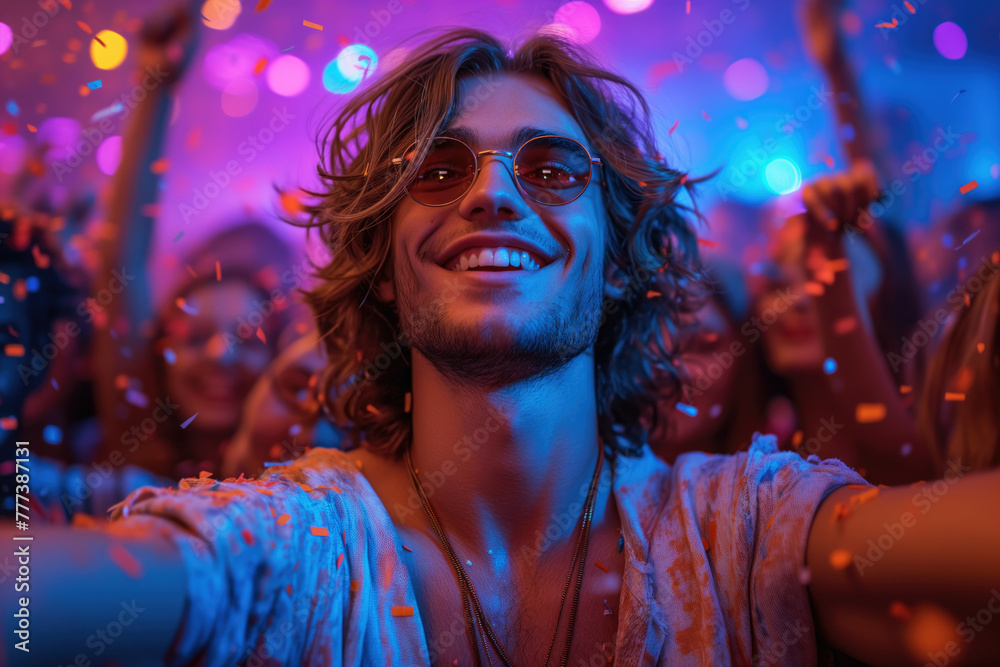 Happy handsome young man dancing at a nightclub party, disco guy having fun at a music festival Happy handsome young man dancing at a nightclub party, disco guy having fun at a music festival