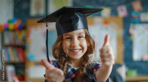 Smiling child in graduation cap giving thumbs up. © Julia Jones