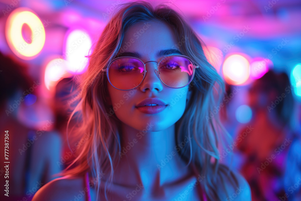Portrait of a beautiful girl in sunglasses at a nightclub close-up, woman dancing at a party in neon light