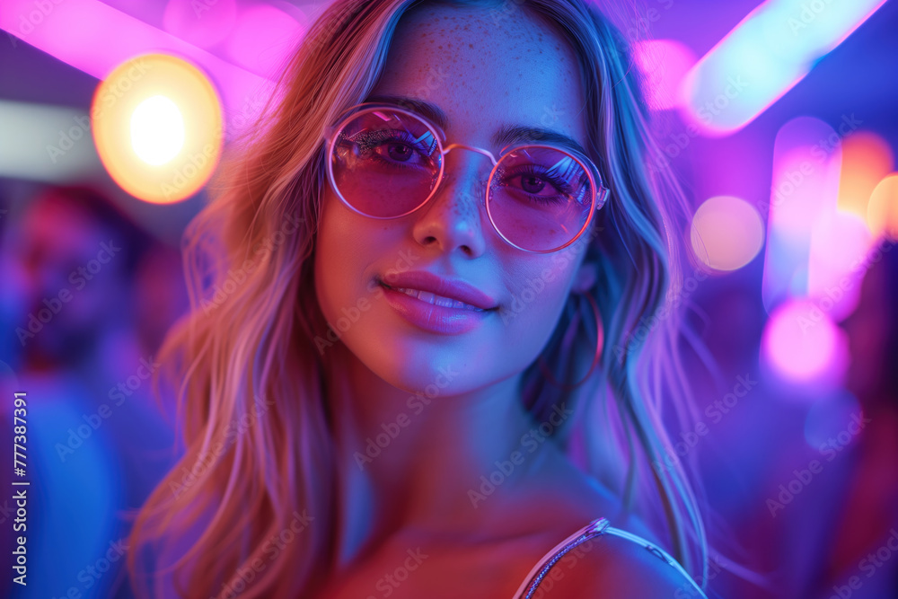 Happy young woman dancing at a nightclub party, disco girl having fun at a music festival Happy young woman dancing at a nightclub party, disco girl having fun at a music festival
