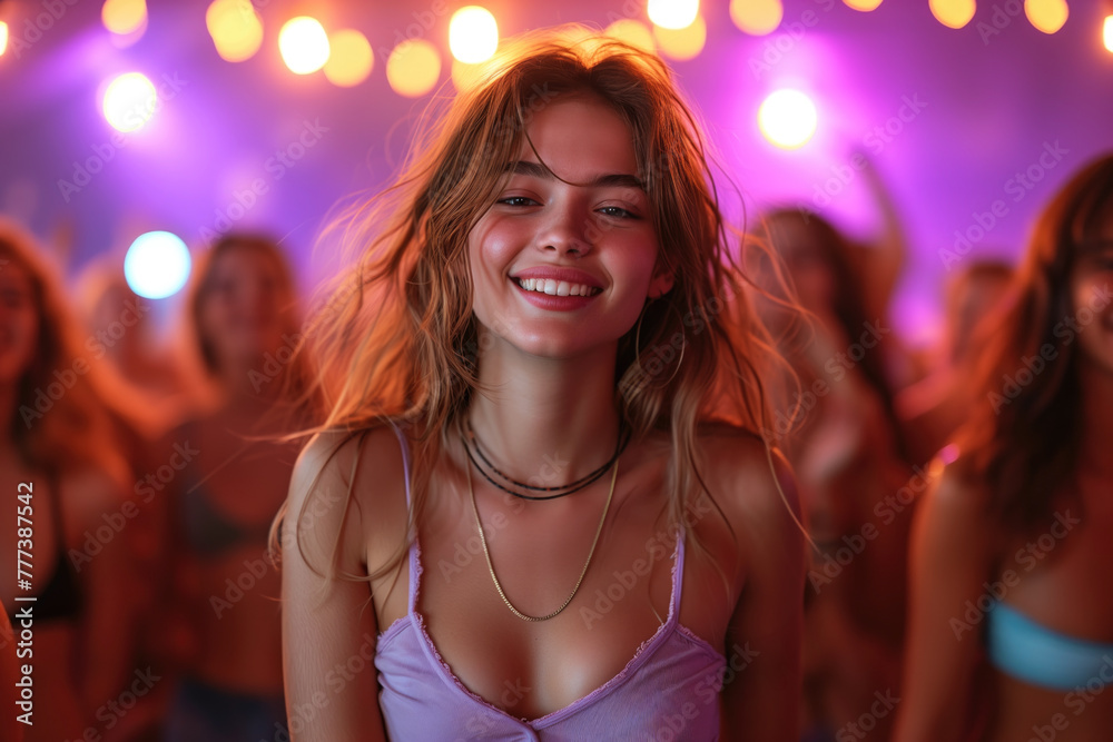 Happy young woman dancing at a nightclub party, disco girl having fun at a music festival