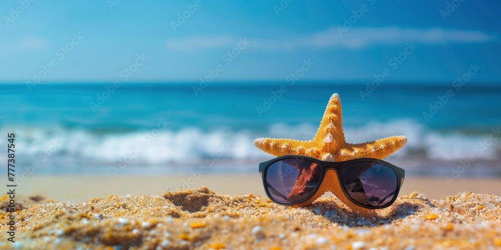Starfish with sunglasses on the beach, summer background with copy space for text or design.
