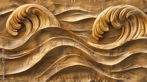 A banner with a carved wave pattern in exotic teak wood. The waves are smooth and large, giving a sense of grandeur and durability, characteristic of teak. photo