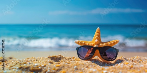 Starfish with sunglasses on the beach, summer background with copy space for text or design.