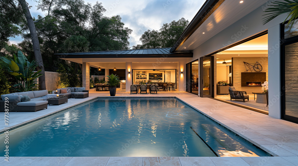Fototapeta premium Modern patio outdoor with swimming pool. Modern house interior and exterior design