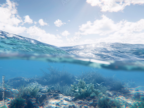 Split view of crystal clear water and underwater coral reef. Marine ecosystem concept. Generative AI