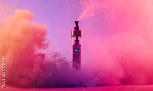 flavored vape surrounded by pink, purple, orange pastel smoke isolated on plain color studio background © Ricky