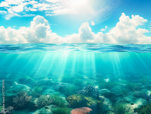 Split level underwater seascape with coral reef and sunlit sky. Ecosystem diversity concept. Generative AI © Who is Danny