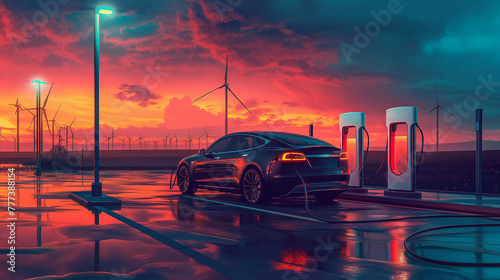 Charging sources for electric vehicles amid renewable energy sources such as wind turbines and solar panels, an environmentally conscious move towards electric mobility © Katrin_Primak