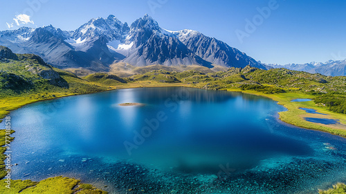 A crystal clear alpine lake surrounded by snow-capped peaks, illustrating the pristine beauty and untouched wildlife of the natural world