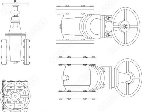 vector design sketch illustration, technical drawing of iron pipe fittings, joints and parallels and faucets