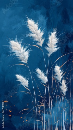 Wheat and Grasses in Flat Shading Style  White on Dark Blue Background