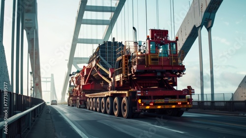Specialized hauler transporting oversized cargo on bridge at dawn