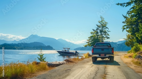 Pickup truck towing a boat on a dirt road near a scenic lake
