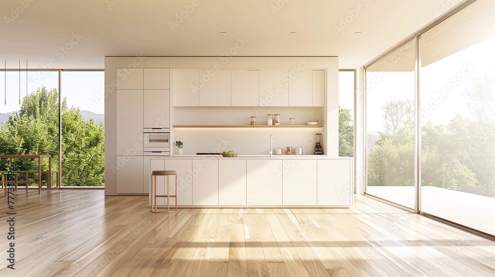 Obraz premium modern kitchen with minimalist furniture, shelves with crockery and plants, refrigerator, and a cozy table in a simple minimal dining room