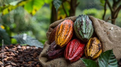 Cacao fruits on burlap bag with cocoa beans in background photo