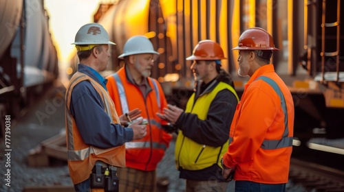 Rail yard workers in safety gear discussing operations at dusk photo