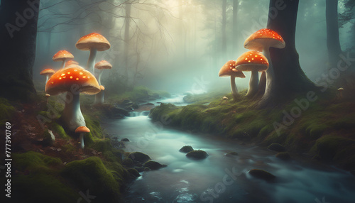 Mystical forest with glowing mushrooms and a babbling brook, surrounded by towering trees and shrouded in mist, ethereal, dreamlike, stylized