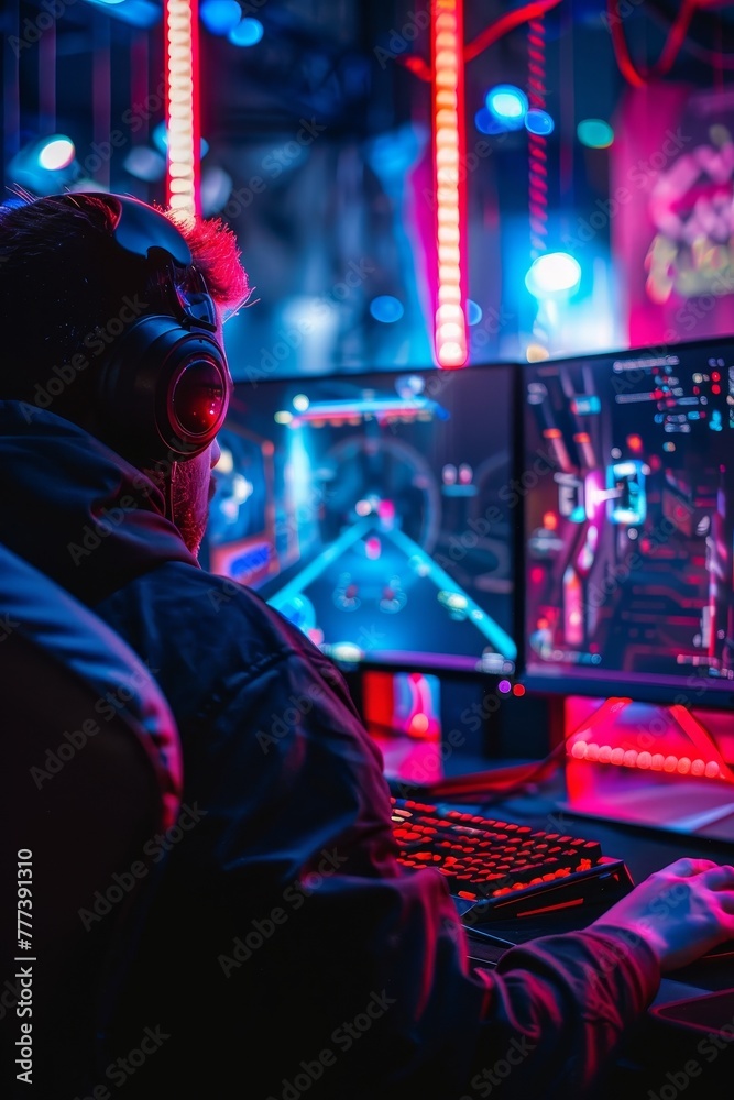 Gamer Engrossed in a Vibrant Cyber Gaming Setup with Neon Lights