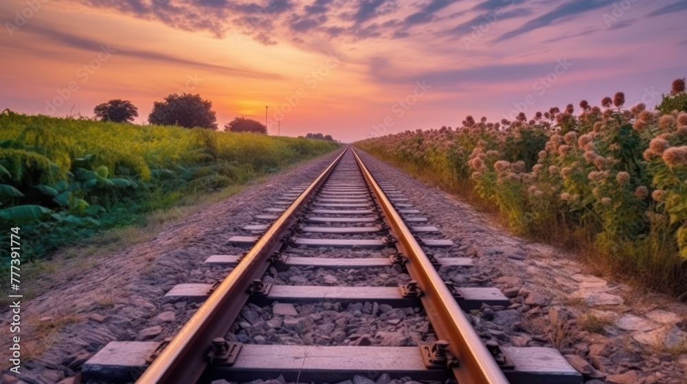 railway tracks in a rural scene with nice pastel sunset