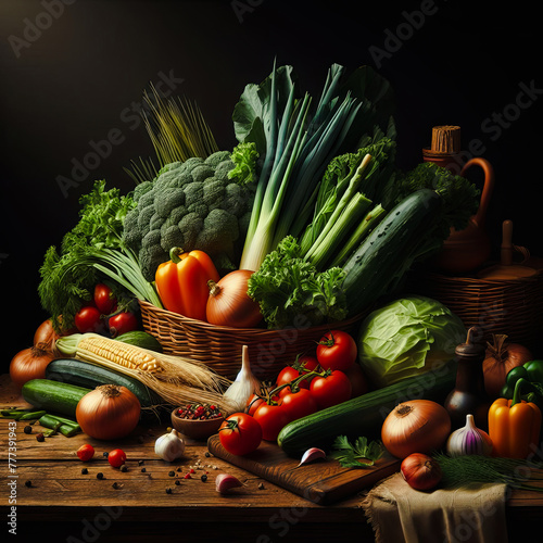 Bodegon de verduras frescas con fondo oscuro sobre mesa de madera rustica