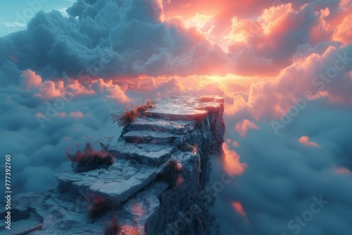 Stone steps with clouds on the background of a night sunset