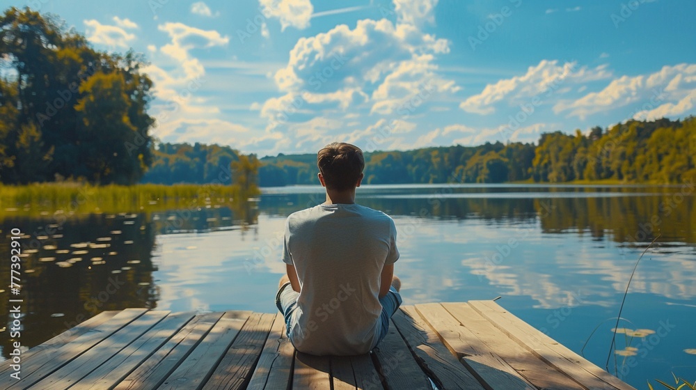 Tranquil Nature Retreat: Solo Male Traveler Relaxing on Wooden Deck by the Lake Tranquil Nature Retreat: Solo Male Traveler Relaxing on Wooden Deck by the Lake
