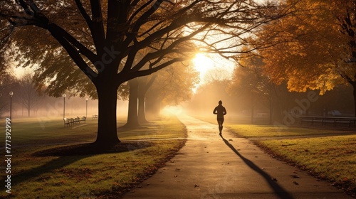 man running in park at autumn morning. Healthy lifestyle concept. jogging at dawn in the forest