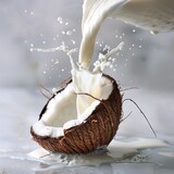 Coconut cracked open with a splash of milk pouring into it against a light background, creating a dynamic and fresh scene.