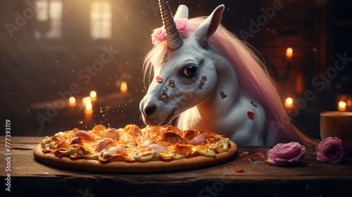 cute unicorn eating pizza. animal and fast food. delicious Italian pastries. pizza day.