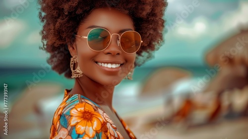 Portrait of smiling african american woman wearing sunglasses at the beach with copy space. Happy black girl wearing fashionable specs while smiling at seaside. Beautiful woman relaxing at sea. photo